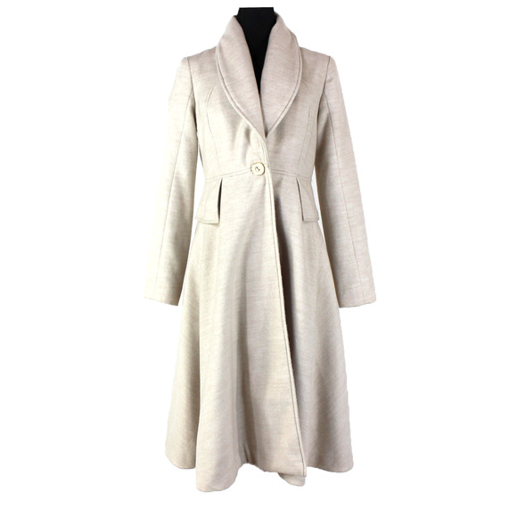 Anthropologie Evaline Textured Coat Natural Oatmeal Shawl Collar A Line Midi 0 - Picture 2 of 8